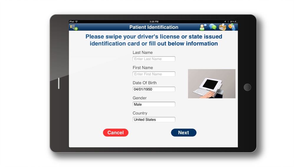 An older TSG iPad kiosk product image showing the patient identification form
