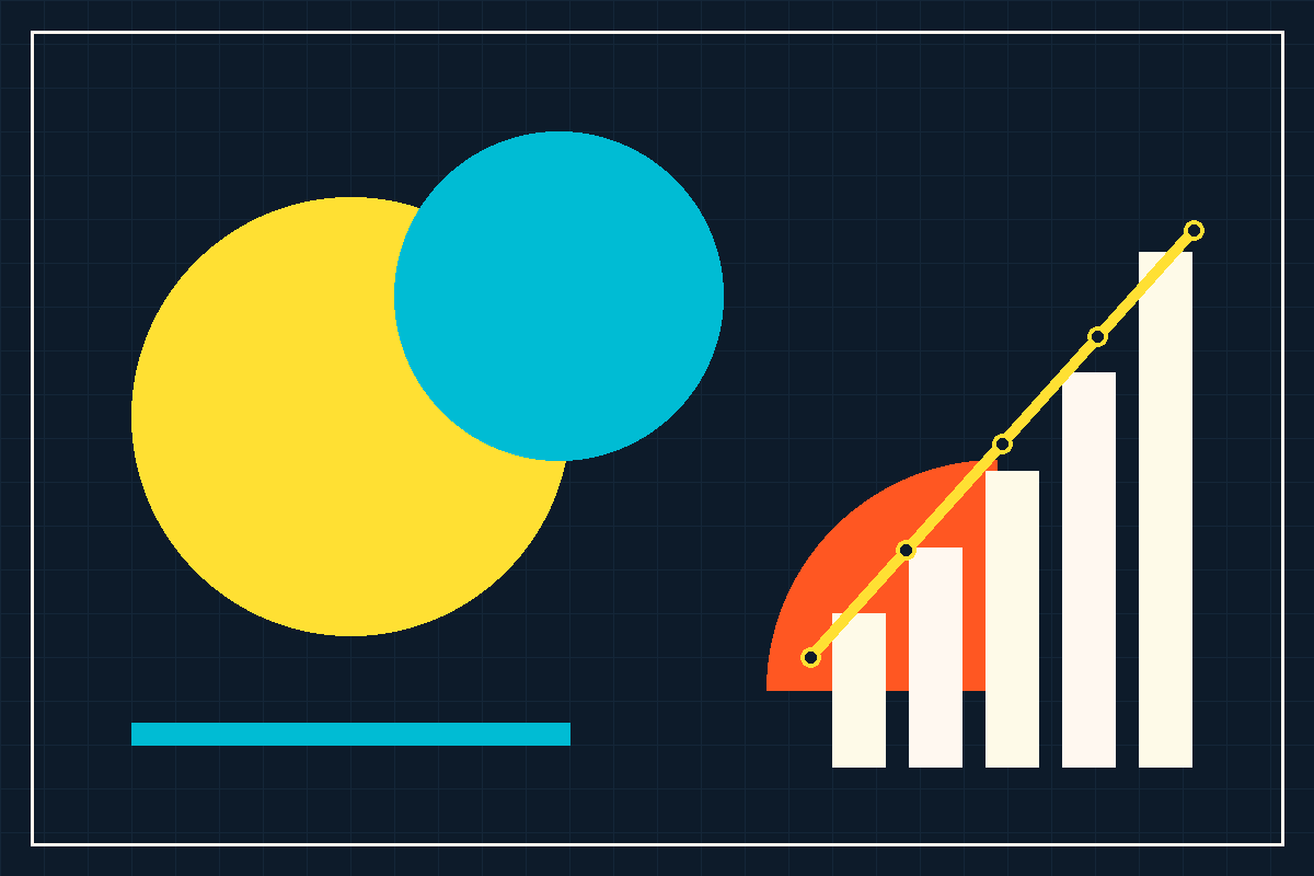 Swiss-style geometric graphic of a brand mark rising into a performance chart