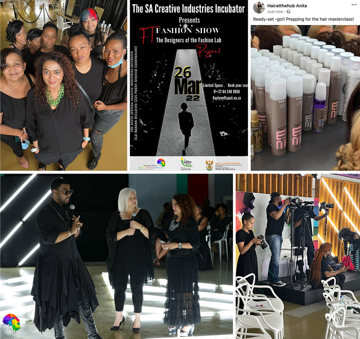 Collage of SACII’s March 2022 Fashion Lab show, with participants, hair products and a camera crew