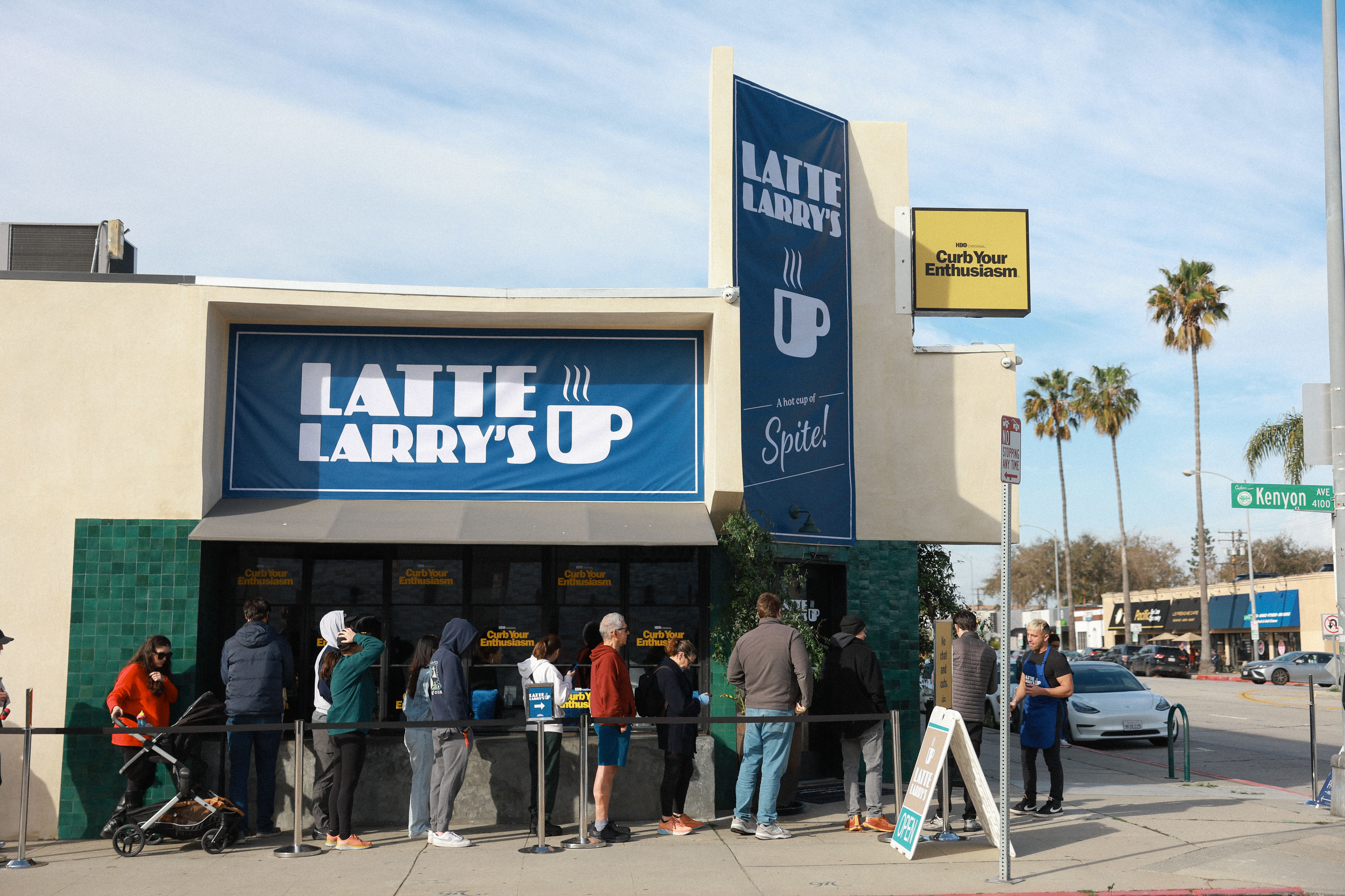 Fans queue outside a Los Angeles coffee shop transformed into Latte Larry's for Curb Your Enthusiasm