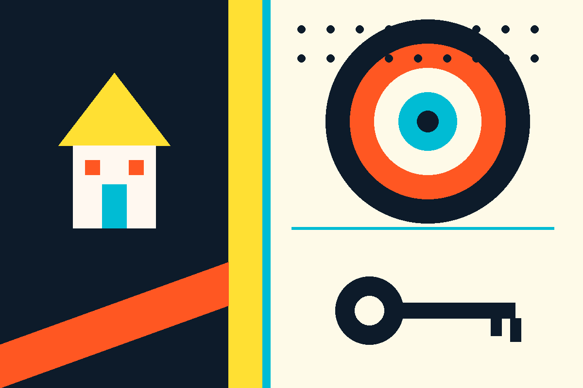 Swiss-style graphic of a house, a target seal and a key, in navy, cream, yellow, teal and orange