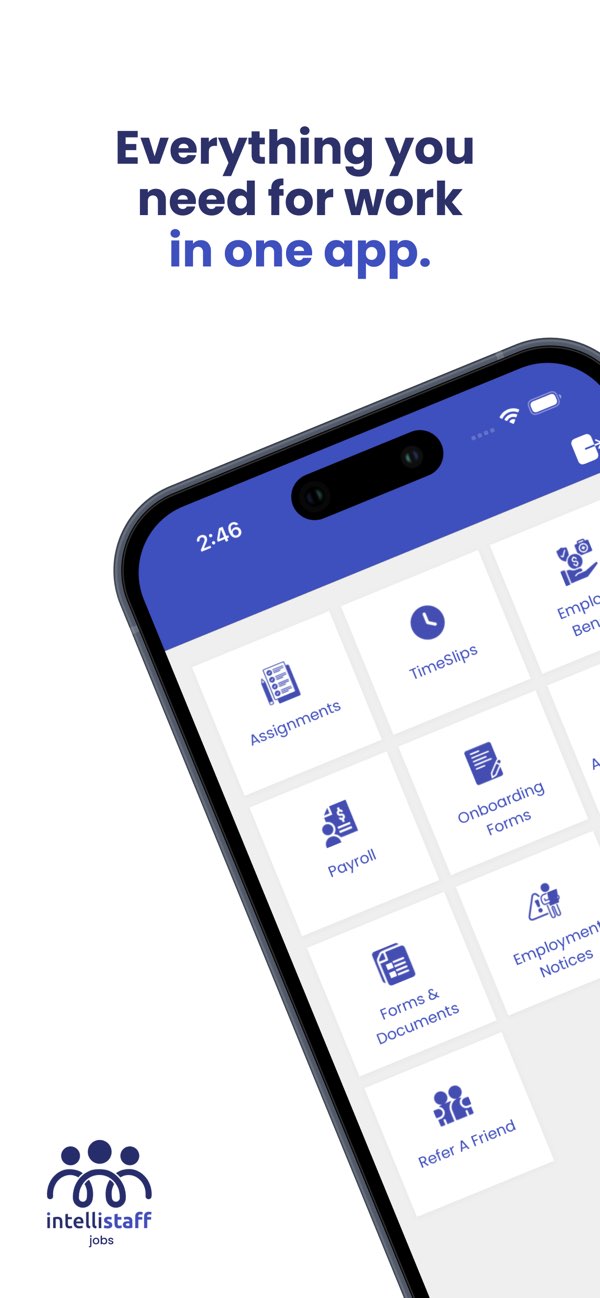 Official IntelliStaff Jobs promotional image showing assignments, timeslips, payroll and onboarding tools