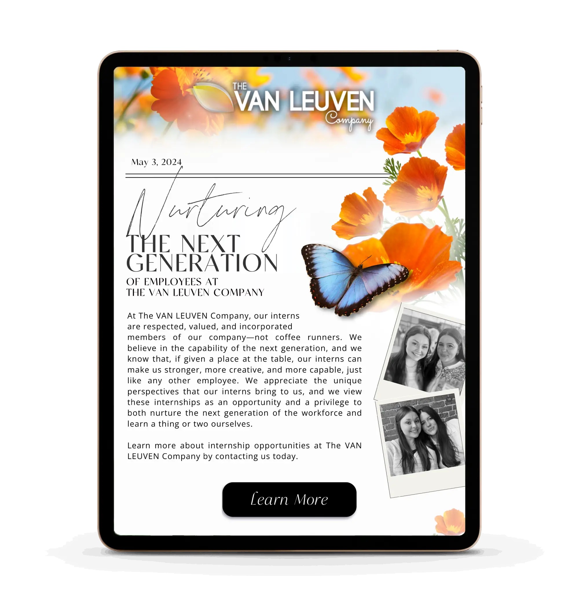 The VAN LEUVEN Company creative about giving interns substantive work, shown on a tablet with team snapshots