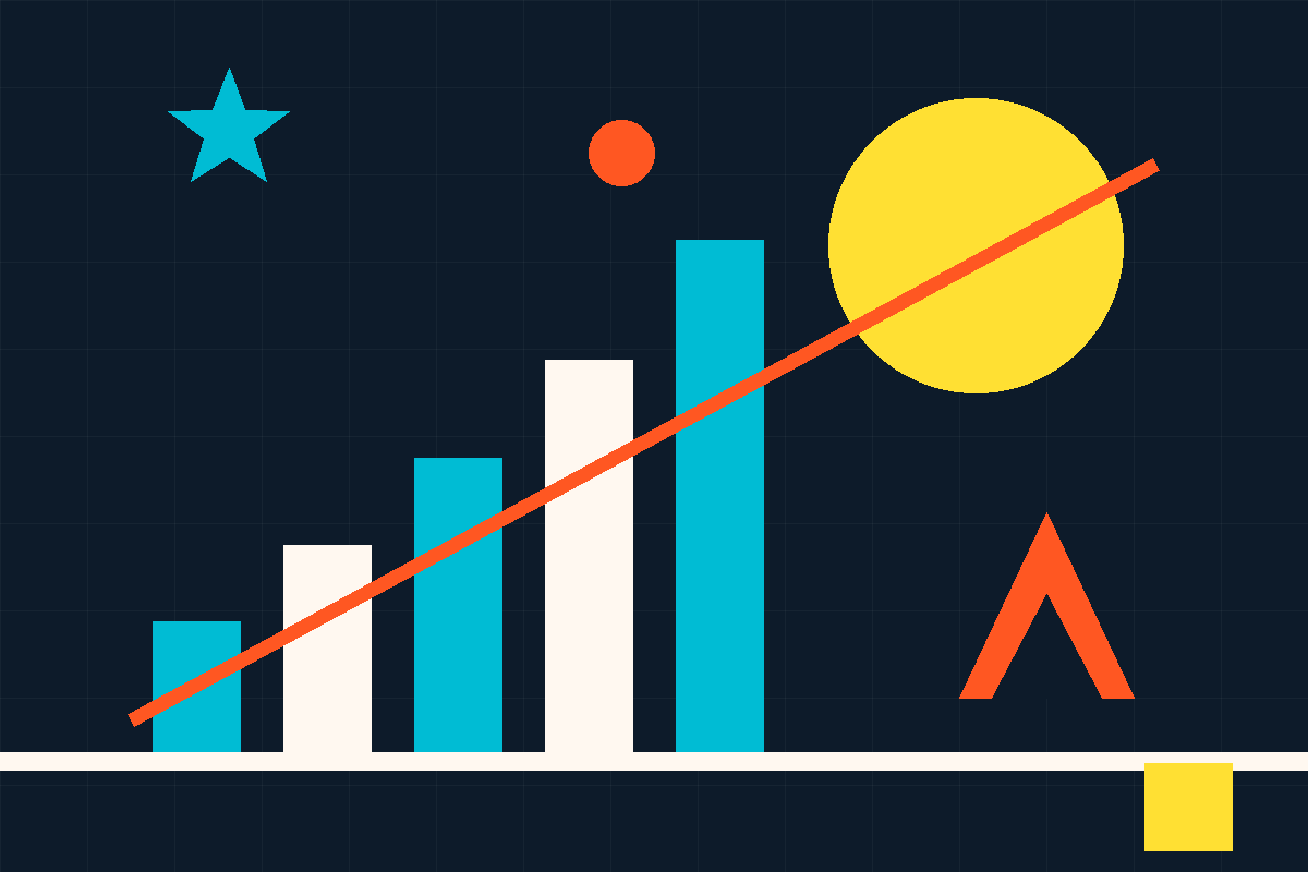 Abstract Swiss-style graphic of rising bars, a star and an ascent line