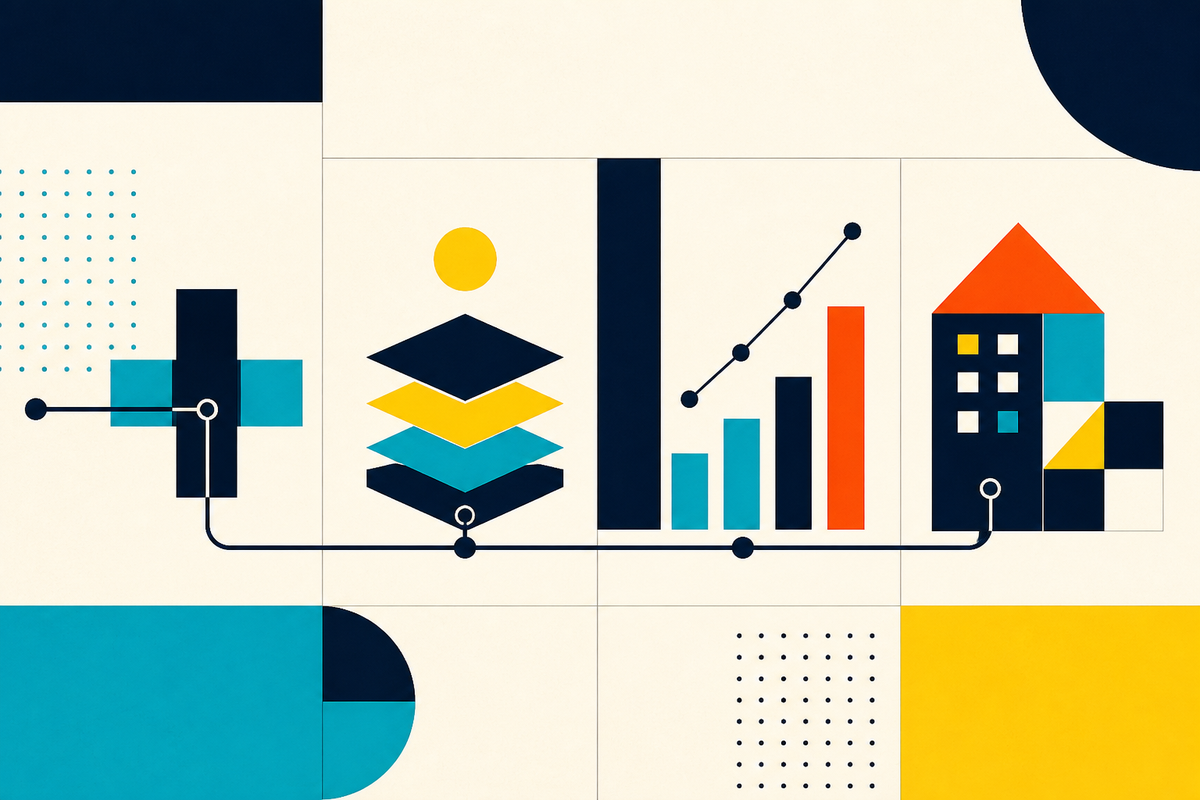 Abstract Swiss-style composition connecting healthcare, learning, finance and housing