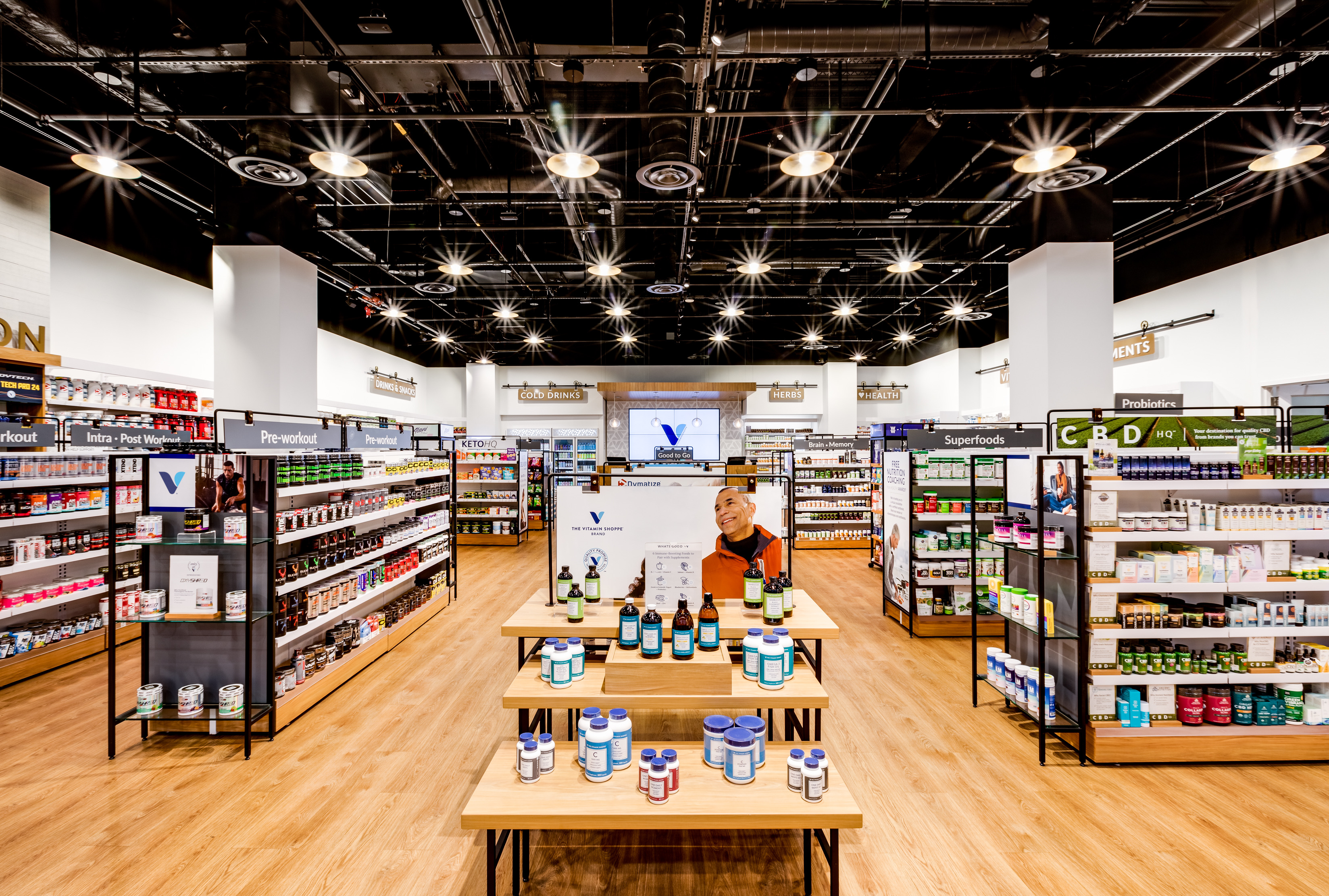 Rows of supplement displays inside The Vitamin Shoppe’s Edgewater, New Jersey store