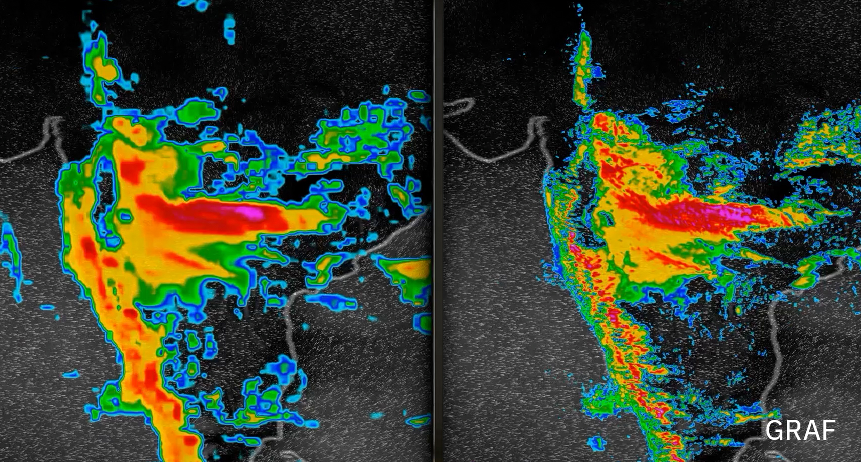 Historical side-by-side weather model visualization over India, with finer detail in the GRAF panel on the right