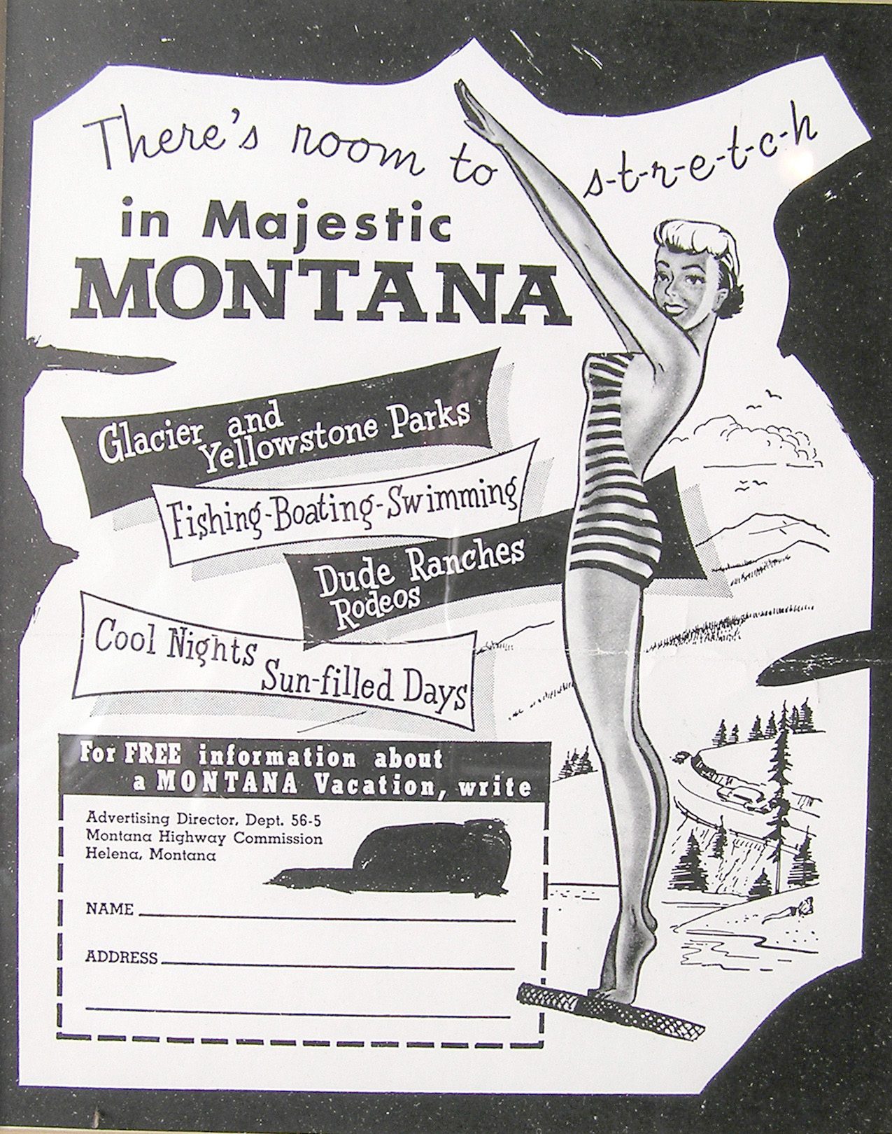 Historic Montana tourism advertisement showing a swimmer and destinations