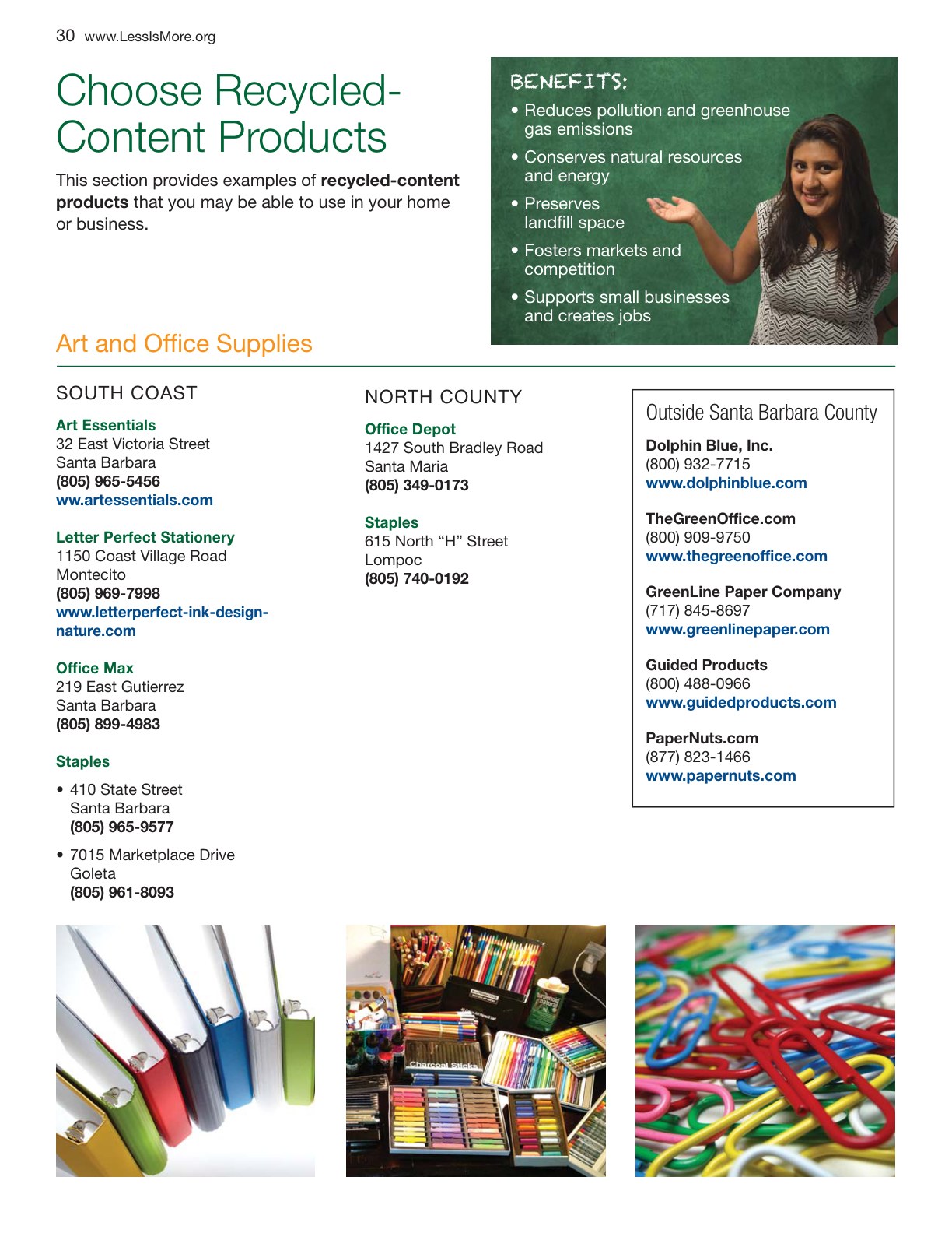 Page from a 2016 Santa Barbara recycling guide listing TheGreenOffice.com among recycled office-supply vendors
