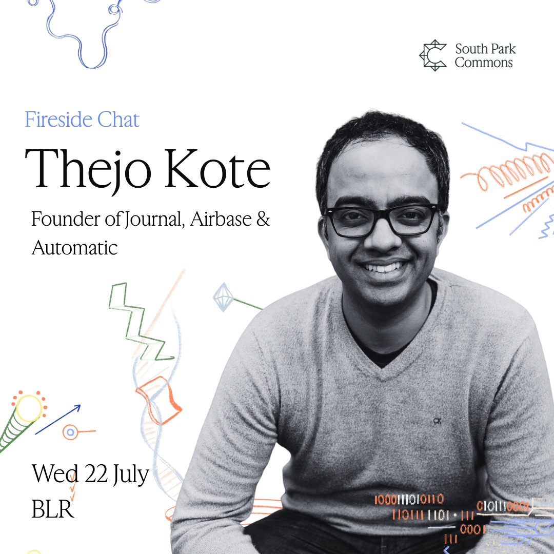 South Park Commons India event artwork showing Thejo Kote and announcing a July 22 fireside chat in Bengaluru