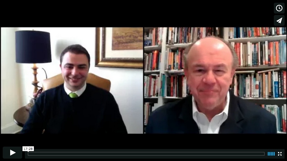 Theodore Search, left, in a split-screen video interview with Bud Bilanich