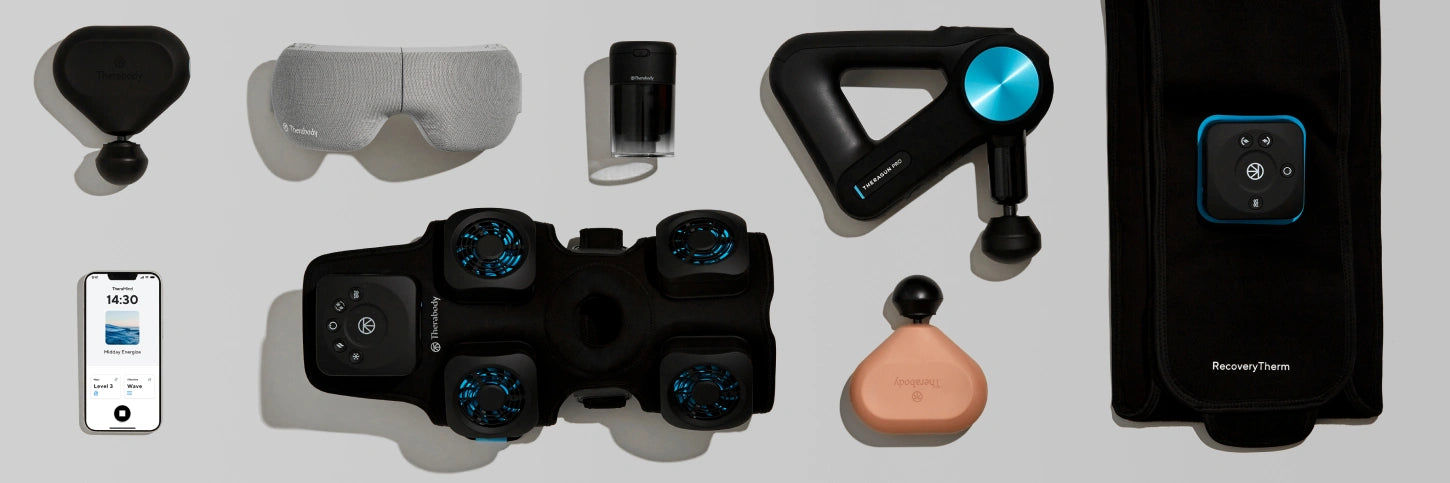 Therabody lineup including massage, heat, cold and sleep devices