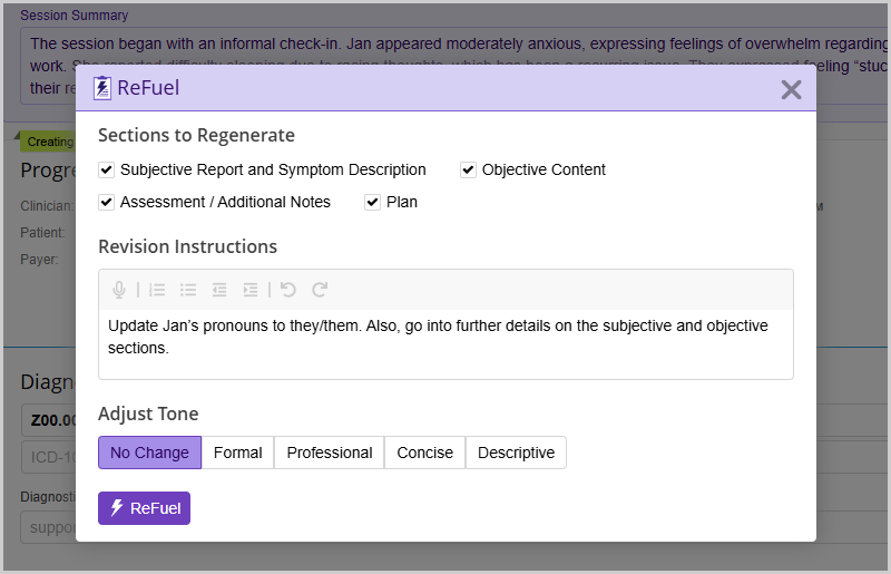TherapyFuel ReFuel revision dialog with instructions for adjusting an unsigned clinical note