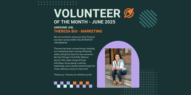 Wevise graphic naming Theresa Bui its June 2025 Volunteer of the Month, with a photo of Bui seated on stone steps