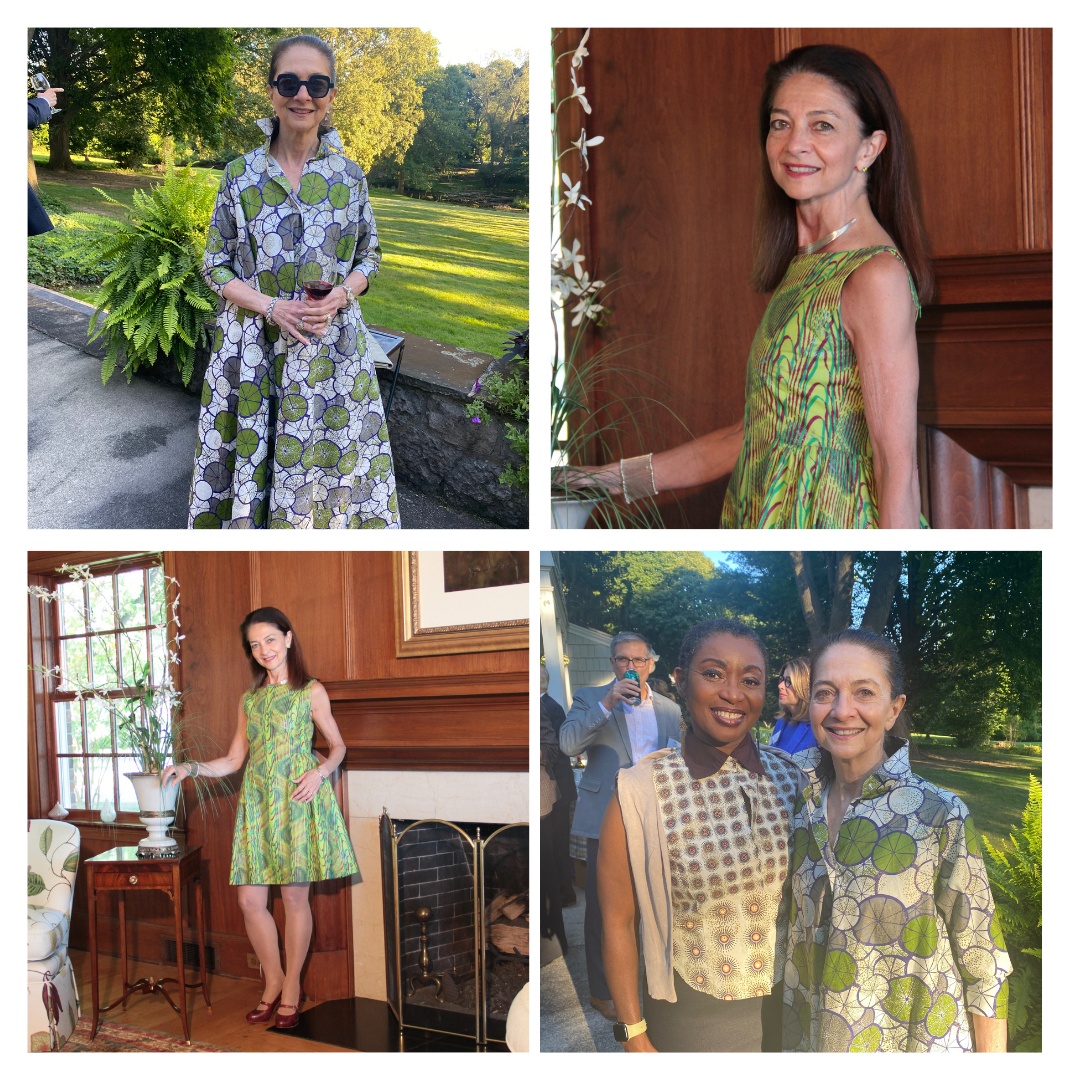 Mansawear’s collage of Theresa Mazzullo wearing patterned garments, including a photograph with another woman