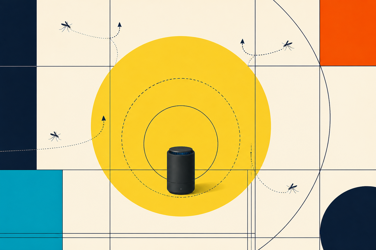 Abstract Swiss-style illustration of a compact repeller inside a yellow protection zone as mosquitoes divert around it