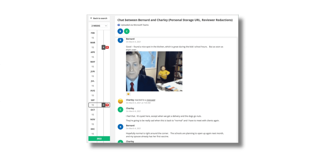 Theta Lake demonstration showing a Teams conversation with a dated timeline, messages, an image and an emoji reaction