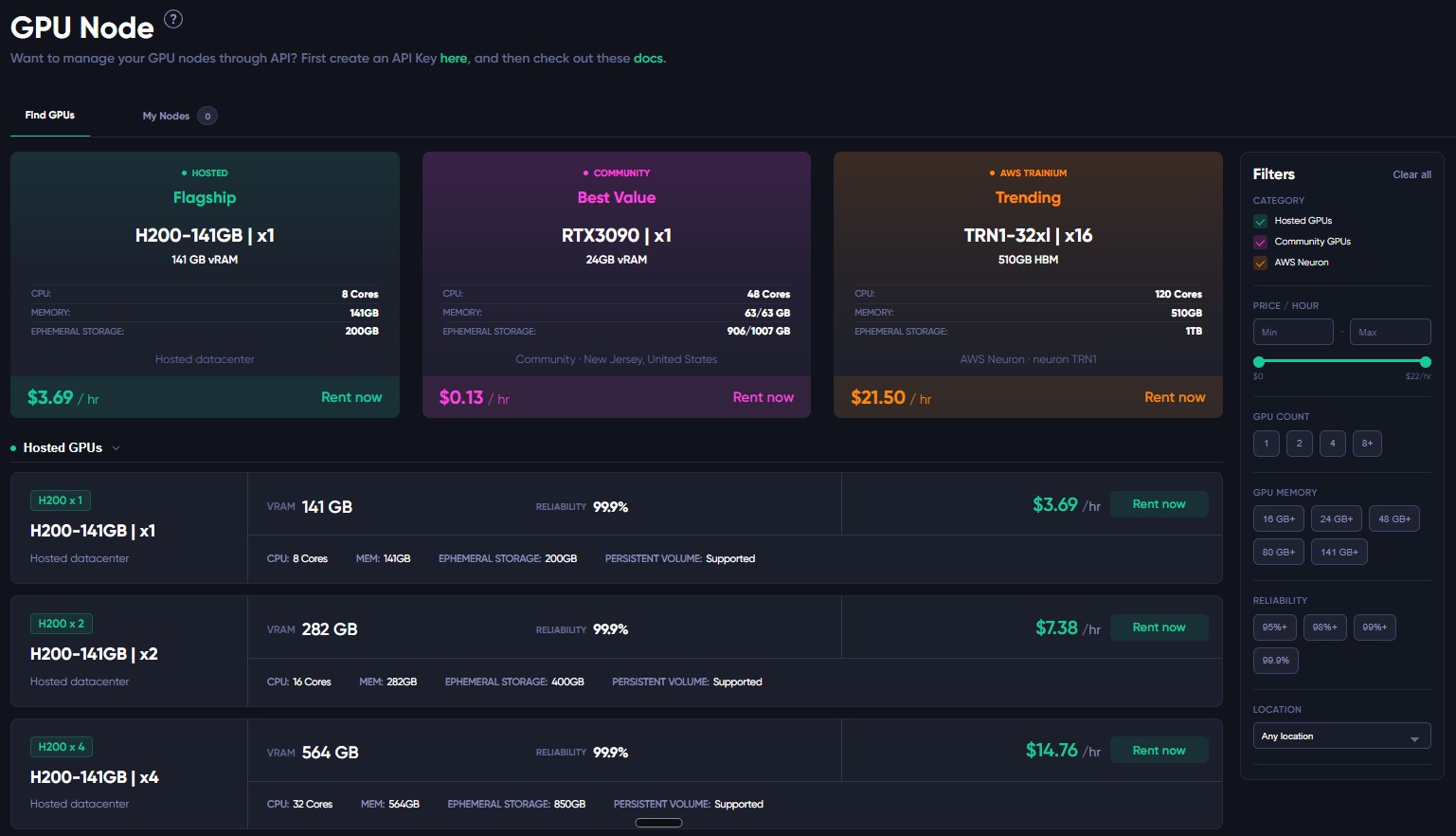 Theta EdgeCloud marketplace listing hosted, community and AWS GPU options