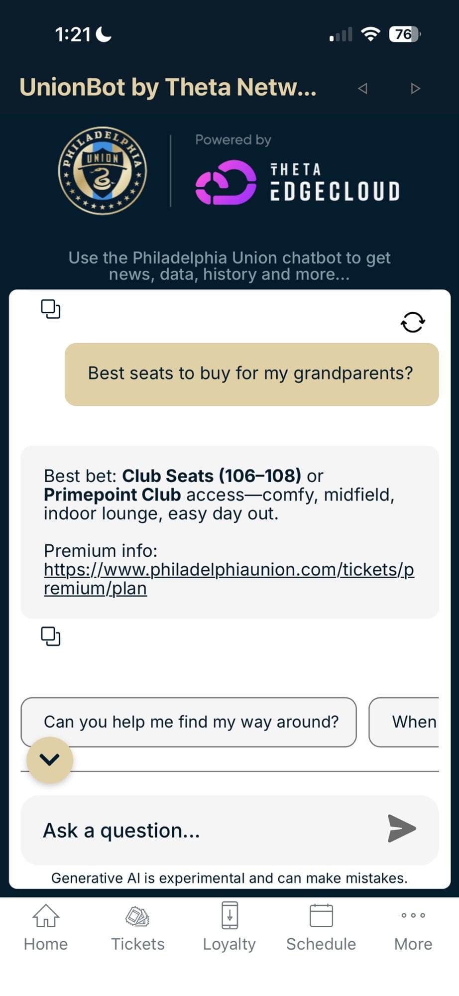 UnionBot in the Philadelphia Union app answering a seating question