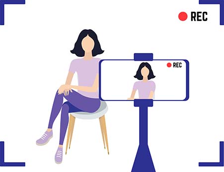 Kapcher illustration of a seated customer recording a video using a phone on a tripod