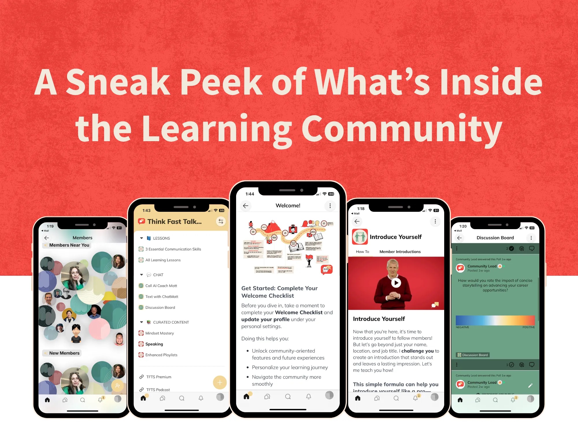 Official learning community preview showing lessons, introductions, members, and discussion screens