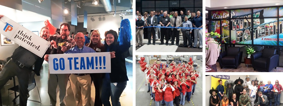 Think Patented company collage showing employees, a ribbon cutting and office scenes