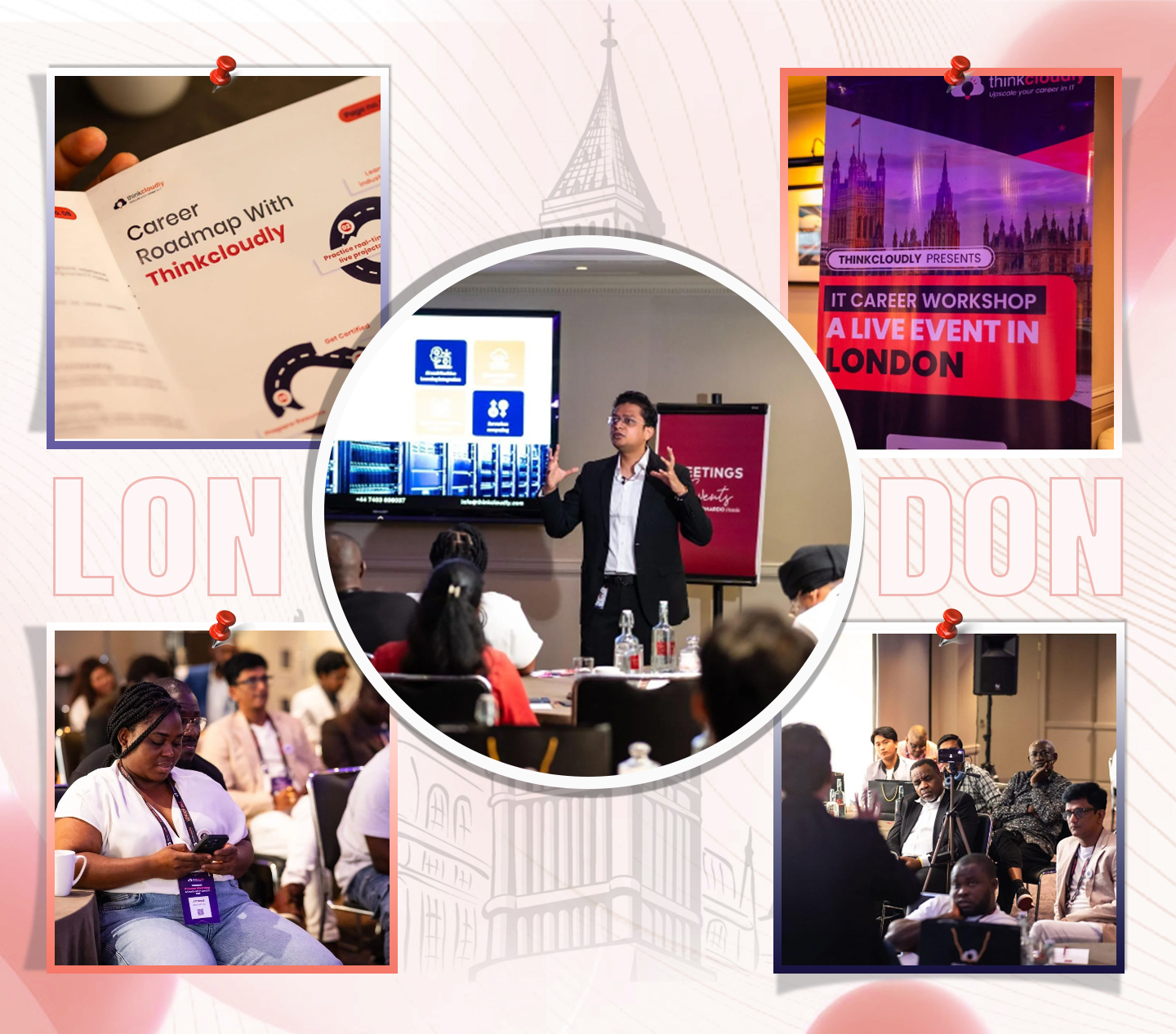 Thinkcloudly’s collage of its London career workshop, showing a presenter and seated attendees