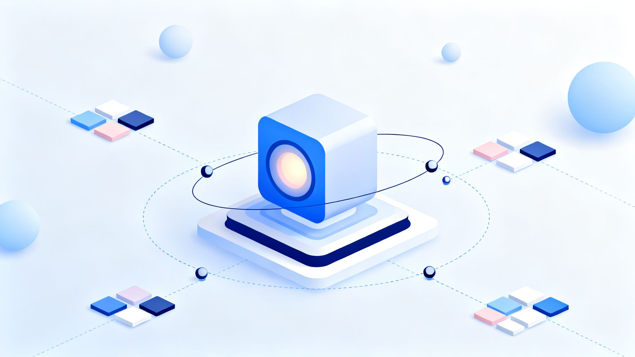 ThinkingAI illustration of an agent at the center of connected data blocks