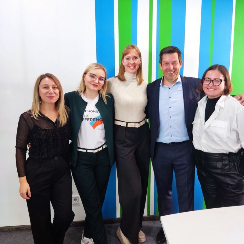 Thomas Ajspur standing second from right alongside four colleagues at Enavate’s Kyiv office