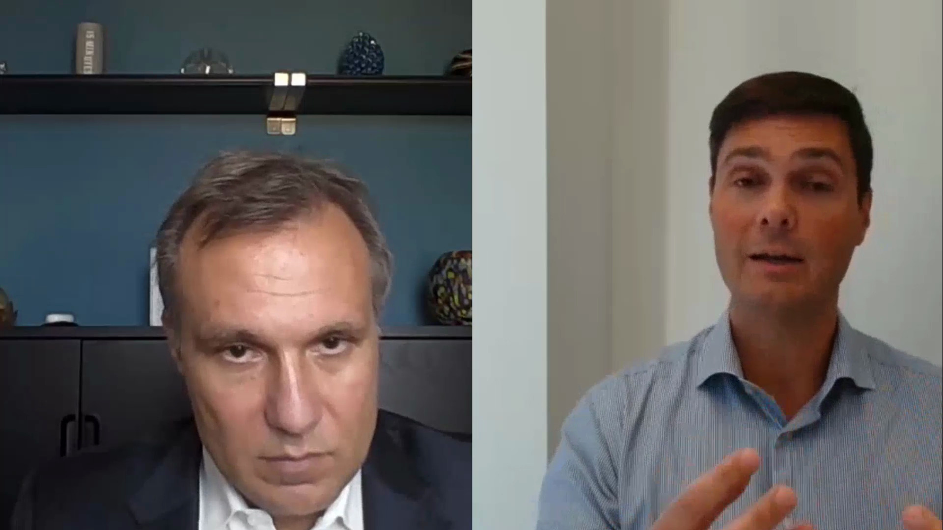 Thomas Eskebaek, on the right, speaking during an ION Analytics video interview