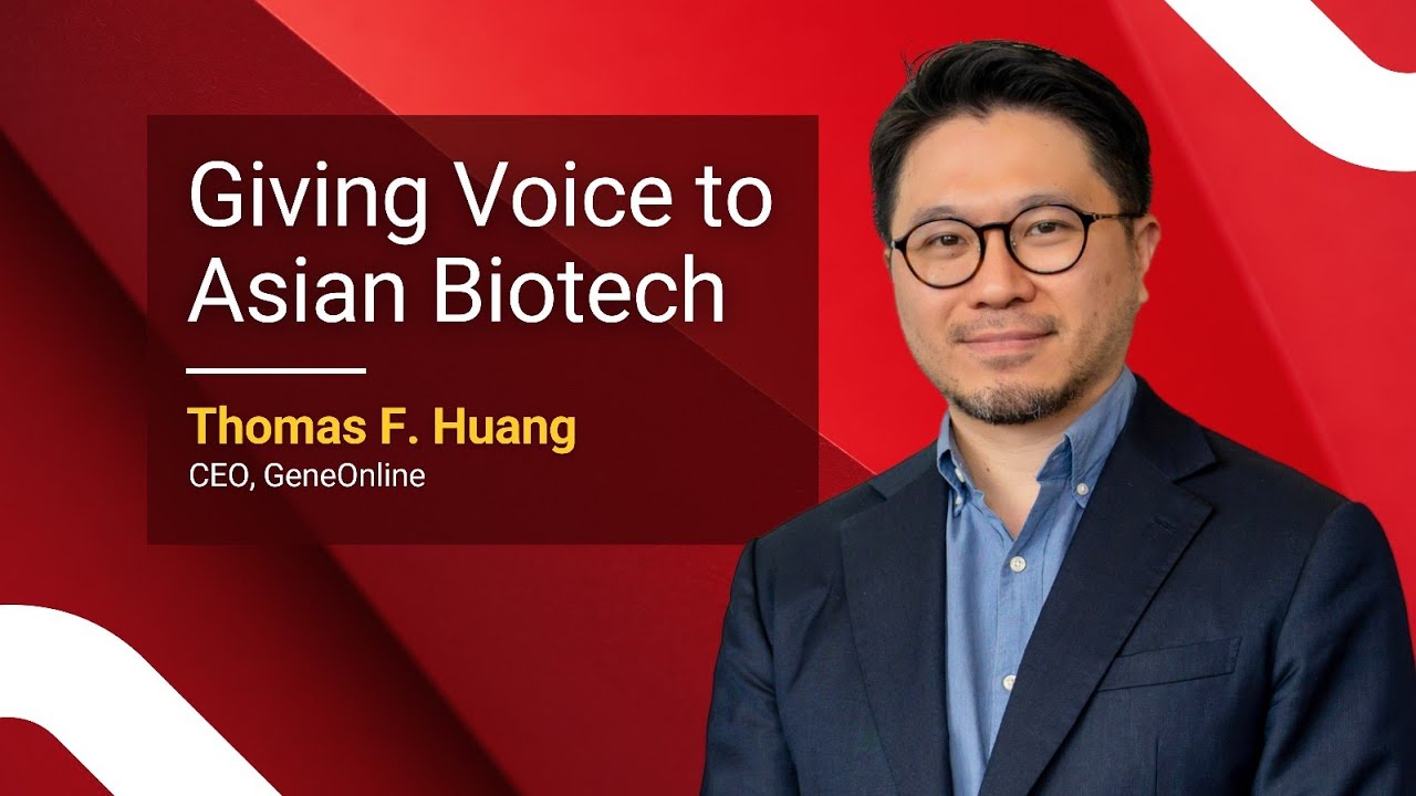 Biotech Orbit interview artwork featuring Thomas F. Huang against a red background