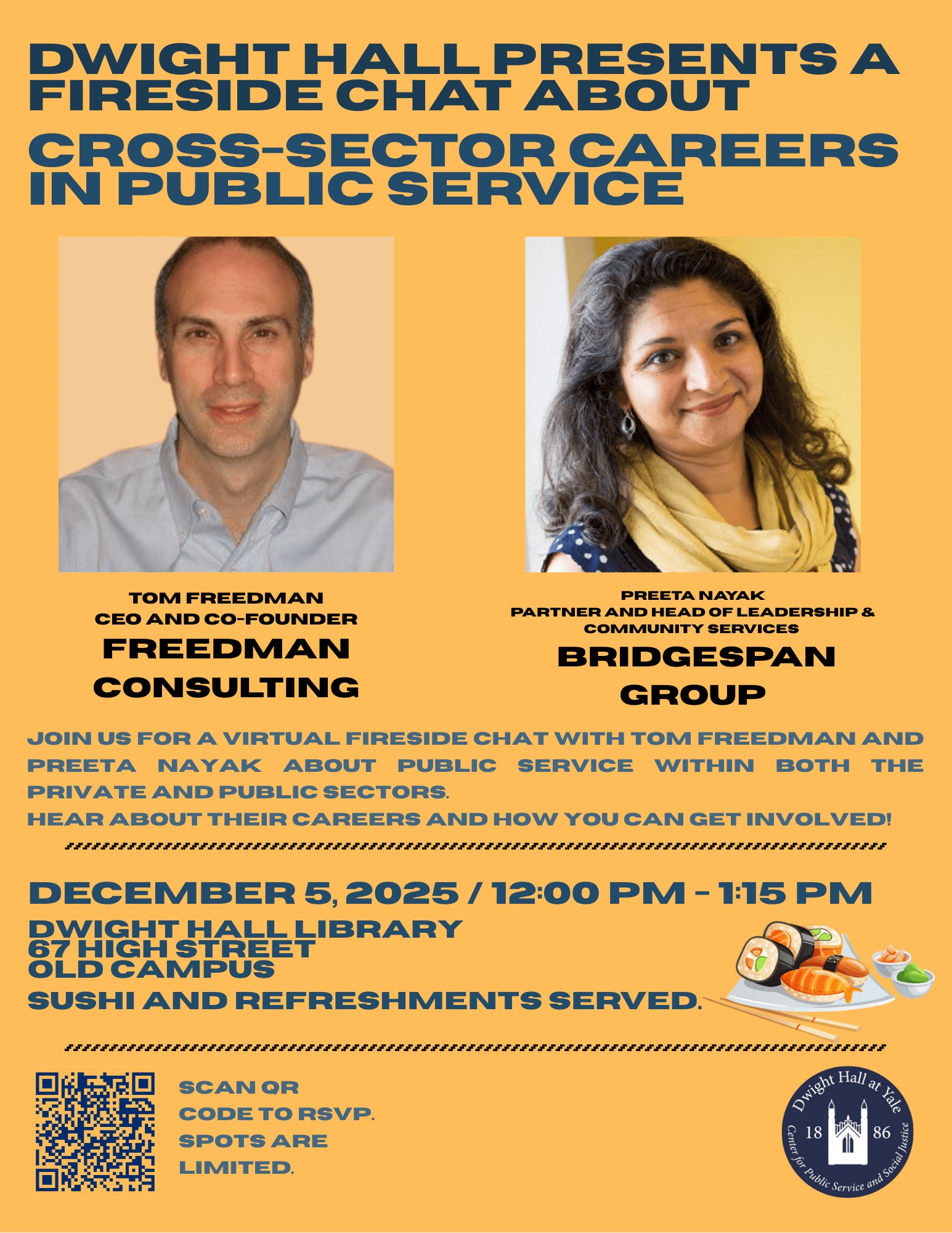 Poster for a December 2025 Yale fireside chat featuring Tom Freedman and Preeta Nayak