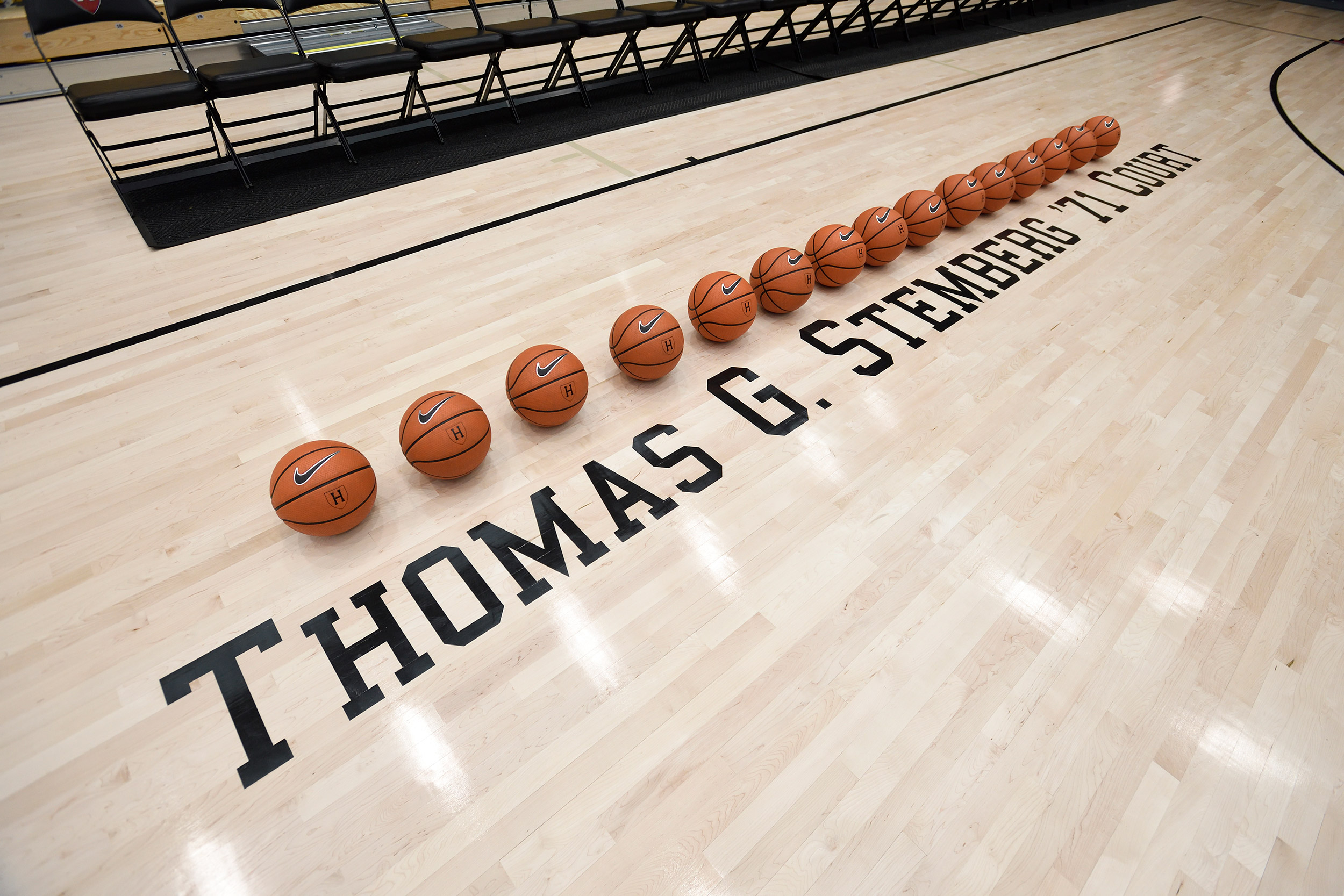 Harvard basketball court displaying the Thomas G. Stemberg Court name