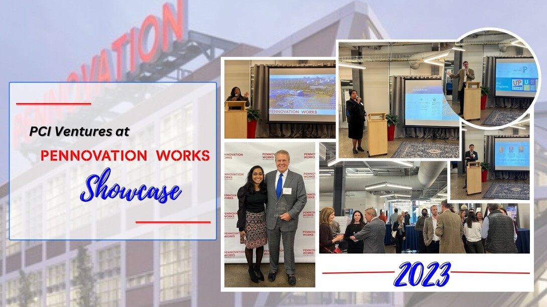 Collage from the 2023 PCI Ventures at Pennovation Works Showcase, including speakers and attendees