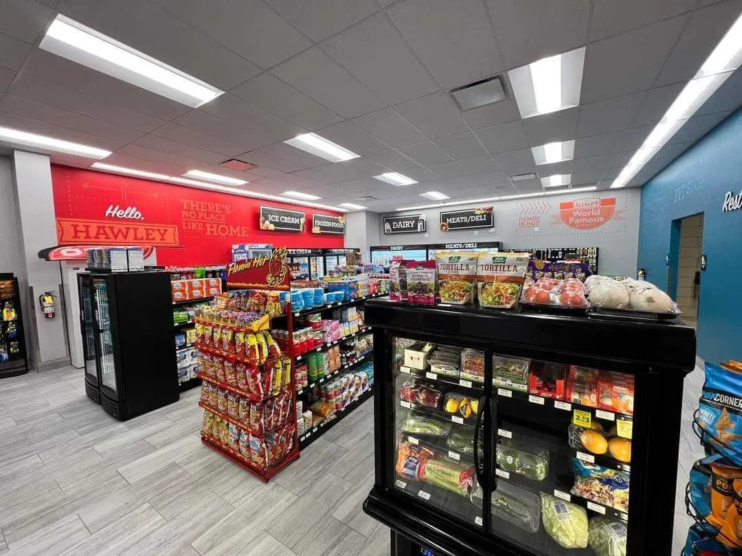 Grocery shelves inside an Allsup’s store