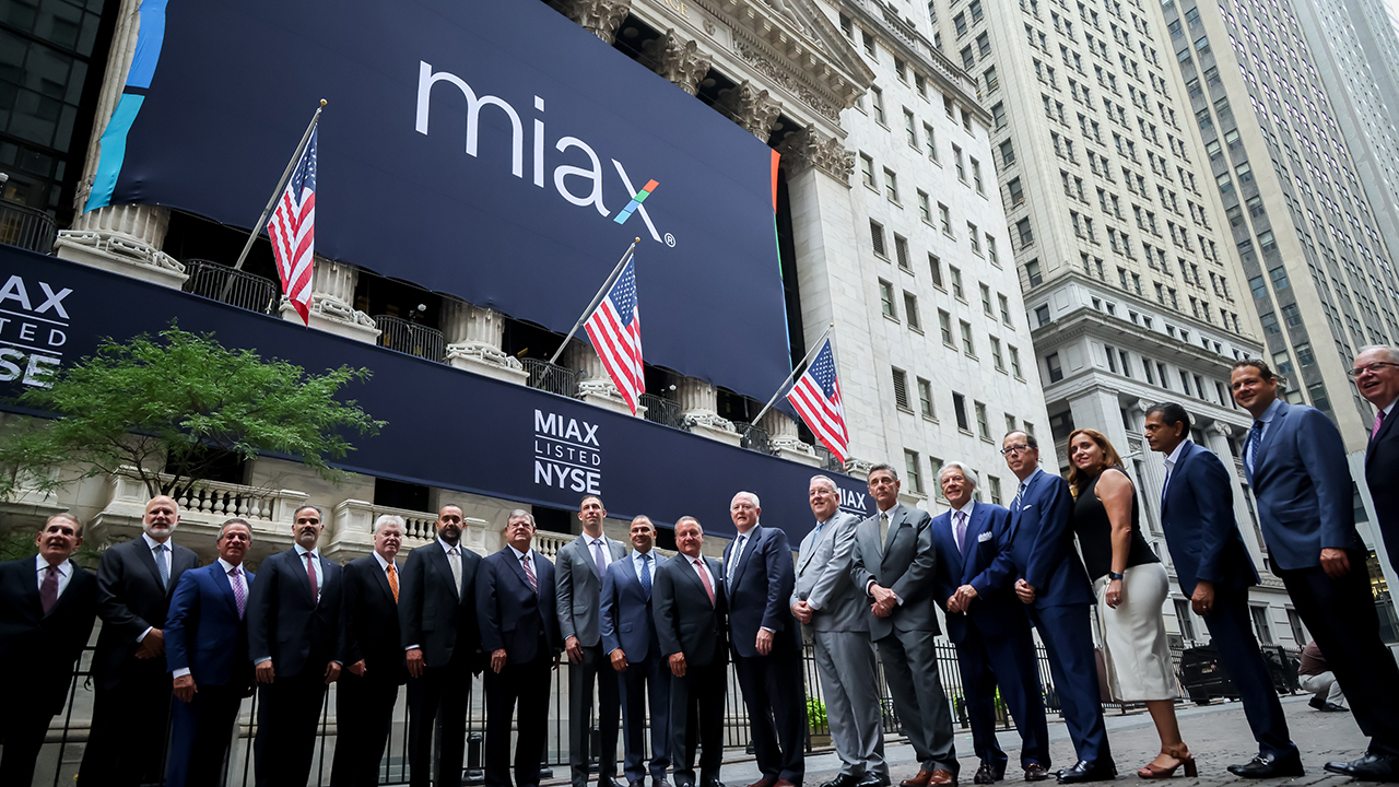 Thomas P. Gallagher and the MIAX delegation outside the New York Stock Exchange during the August 2025 IPO