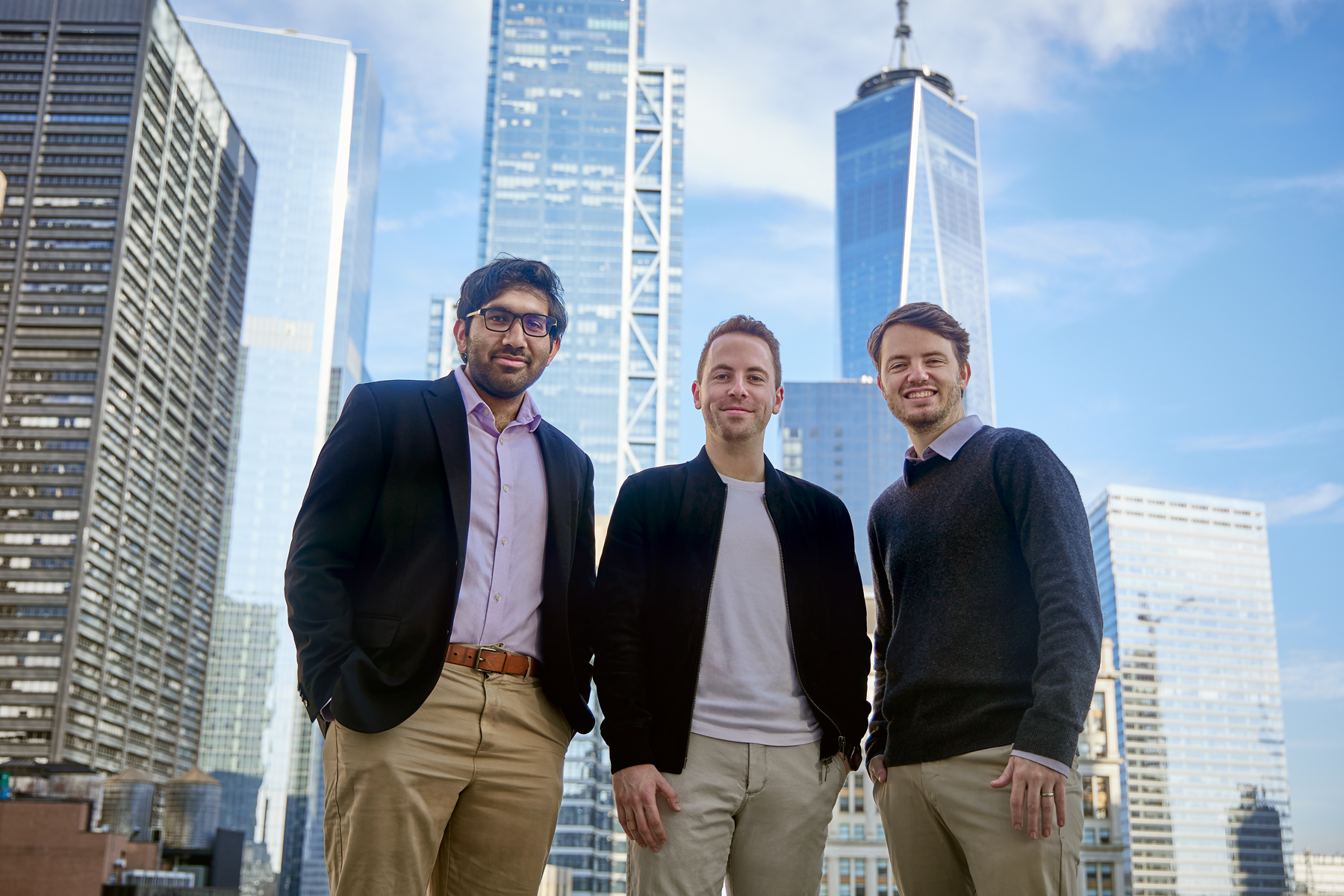 Hadrius co-founders Som Mohapatra, Thomas Stewart and Allen Calderwood standing together in Lower Manhattan