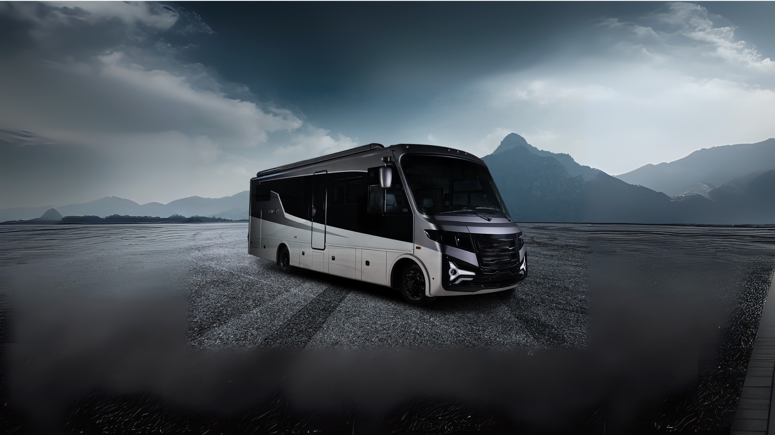 Entegra Embark range-extended electric motorhome shown in a promotional landscape image