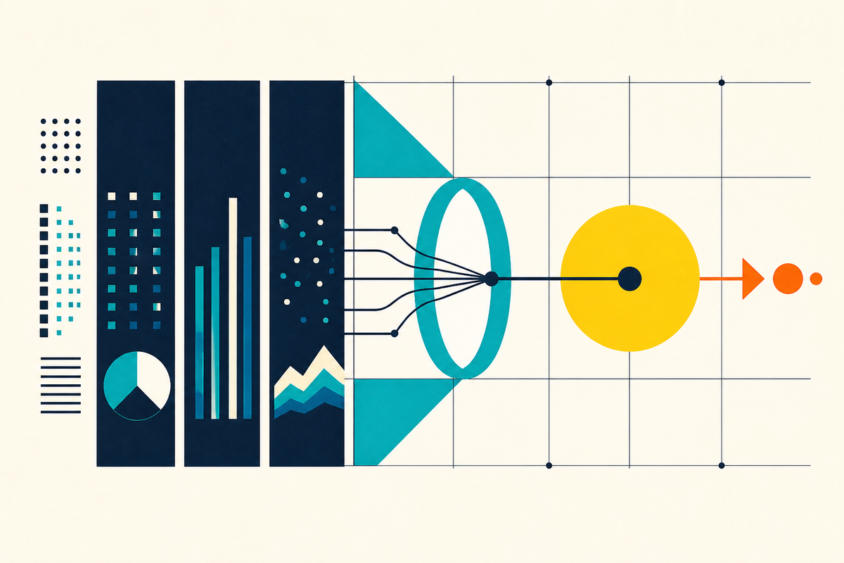 Abstract Swiss-style illustration of data passing through a search portal into a decision signal