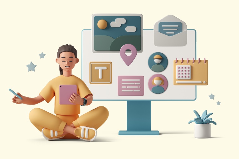 SwarmHR marketing illustration of a worker beside a board holding calendar, people and message symbols