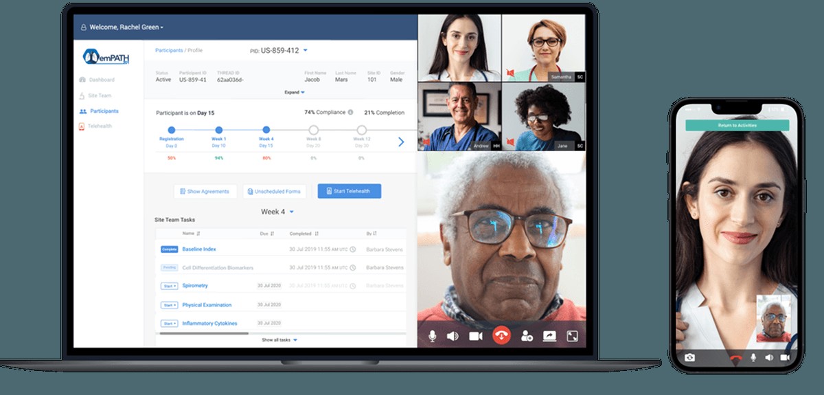 THREAD platform showing a telehealth virtual visit between a participant and a research team