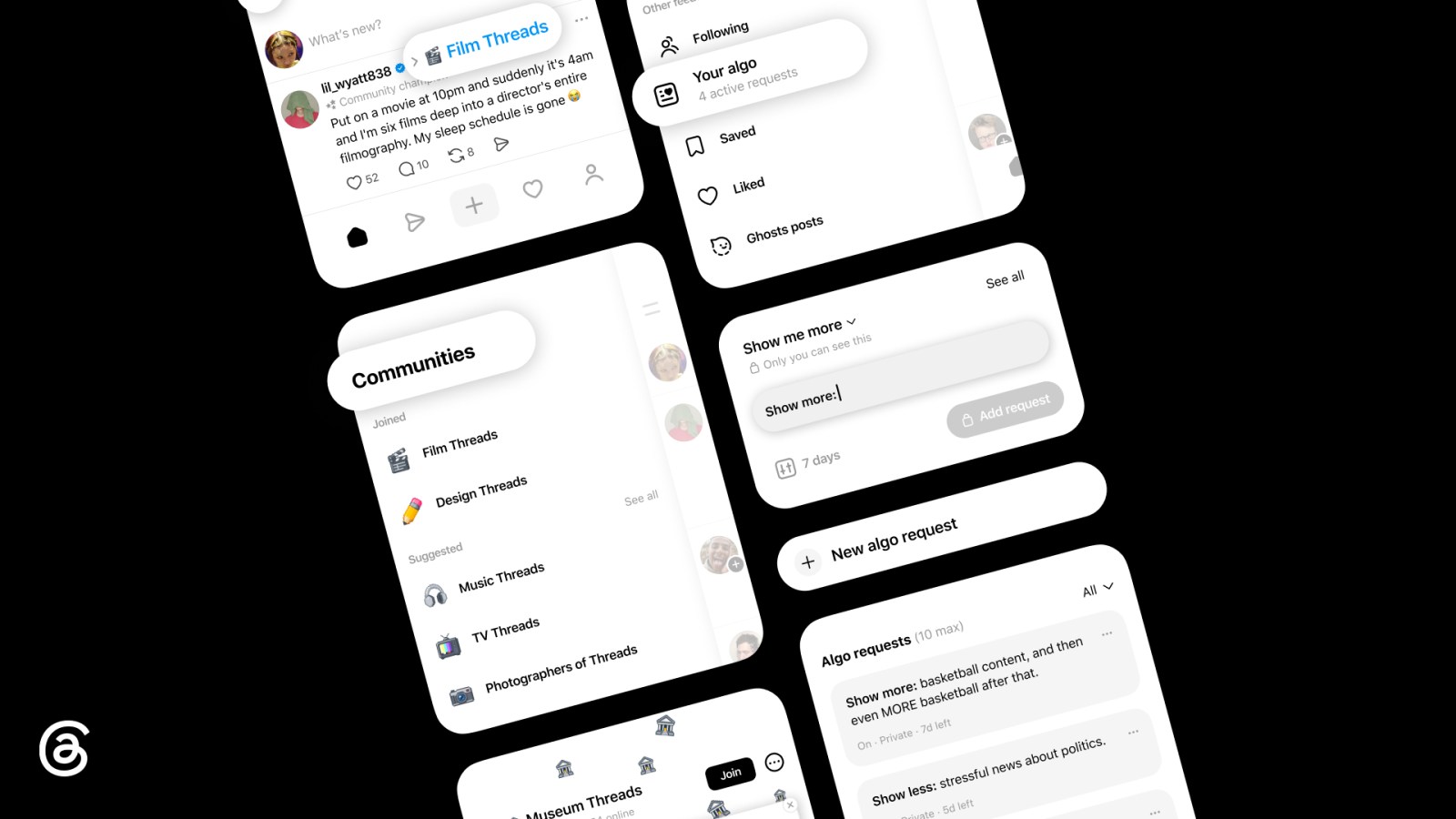 Threads product screens showing interest communities and private Your Algo topic preferences