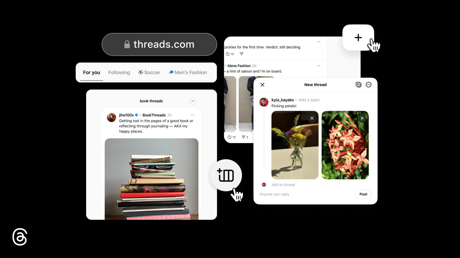 Meta’s collage showing the Threads desktop interface and its posting and feed tools