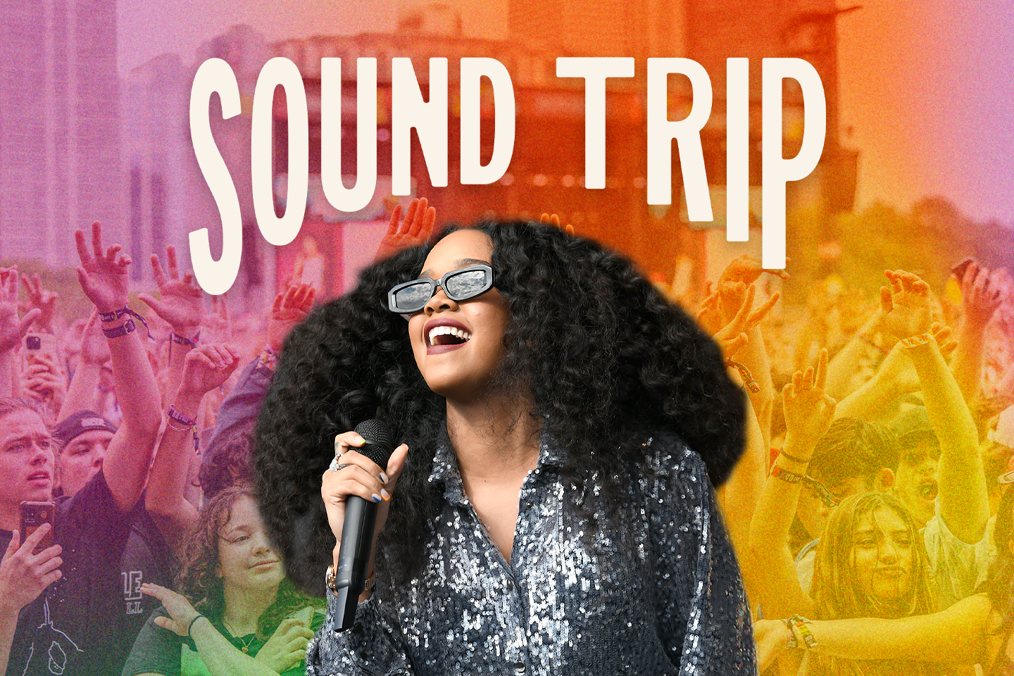 Thrillist’s colorful Sound Trip editorial artwork featuring a singer and concert crowd
