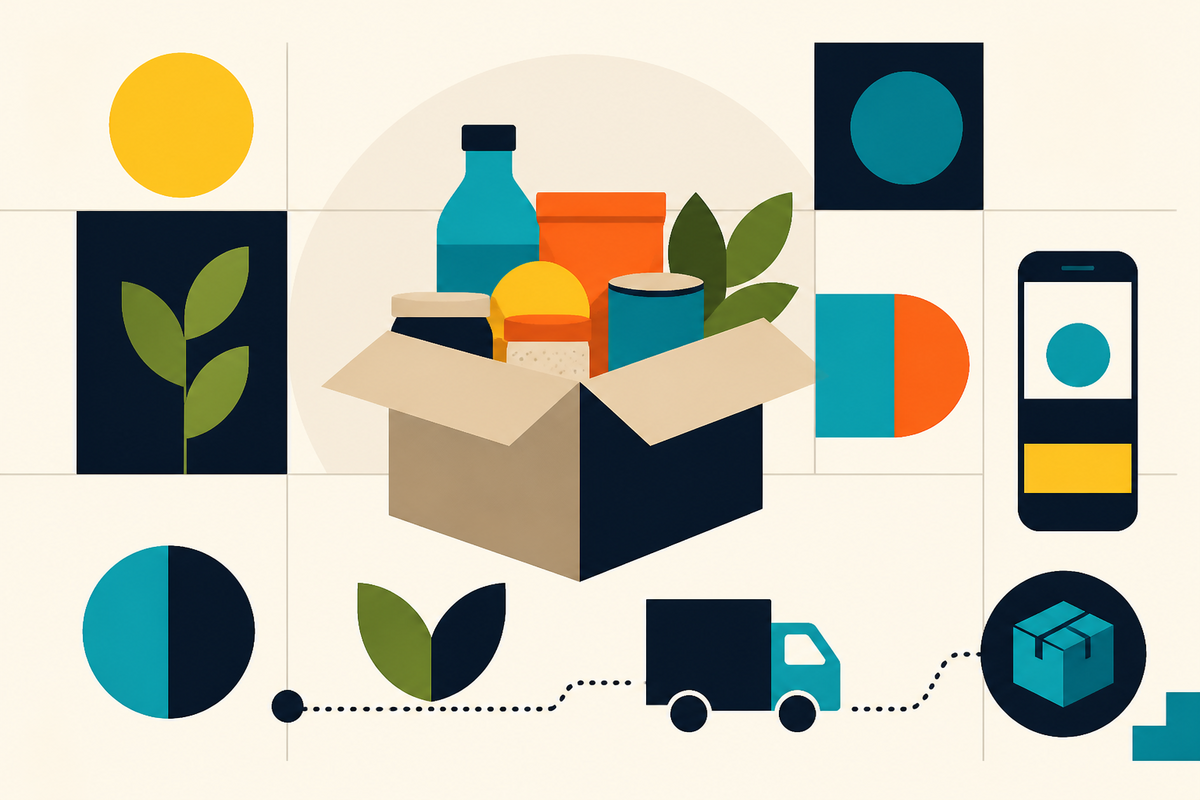 Abstract Swiss-style illustration of curated groceries emerging from a delivery box beside a phone and delivery route