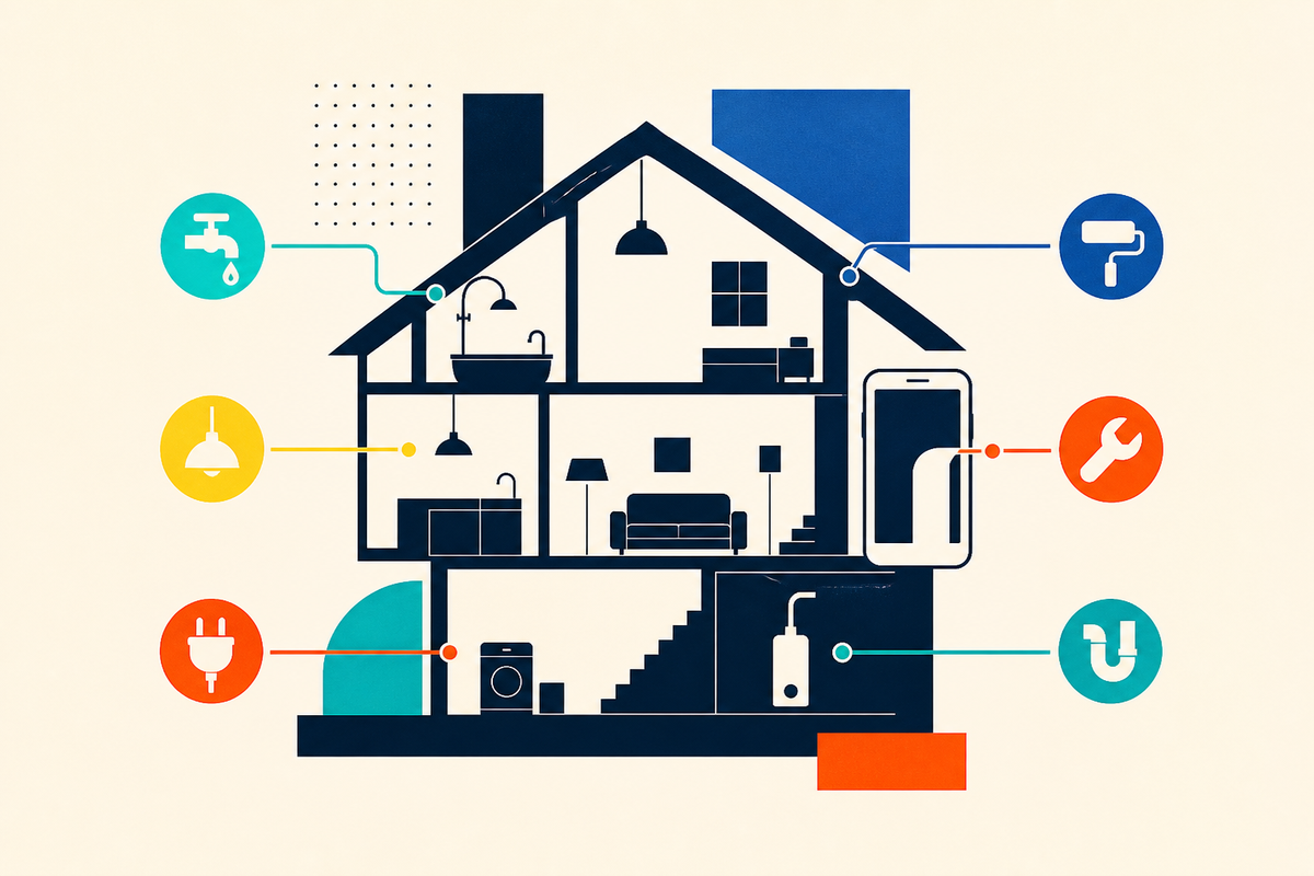 Abstract Swiss-style diagram of a house connected to different home-service tools