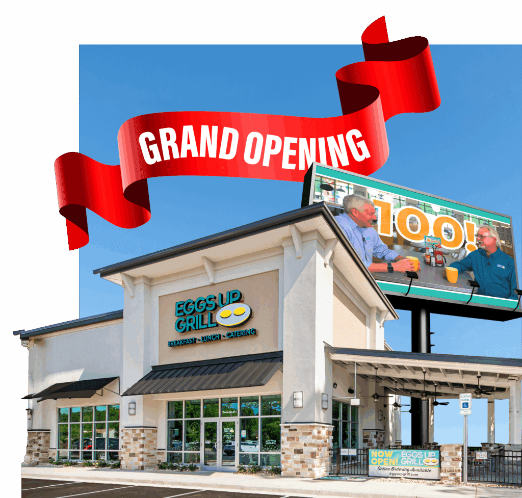 Thunderly's visual case study for the Eggs Up Grill 100th-opening campaign