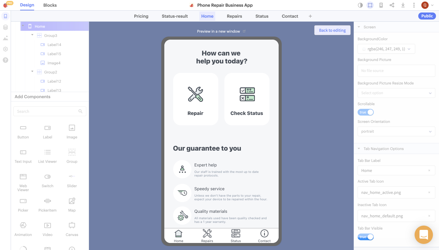 Thunkable’s visual editor displaying a phone repair business app