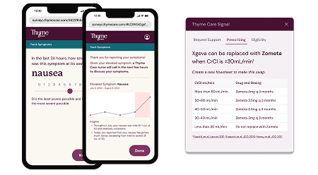 Official Thyme Care product examples showing symptom tracking and clinical decision support
