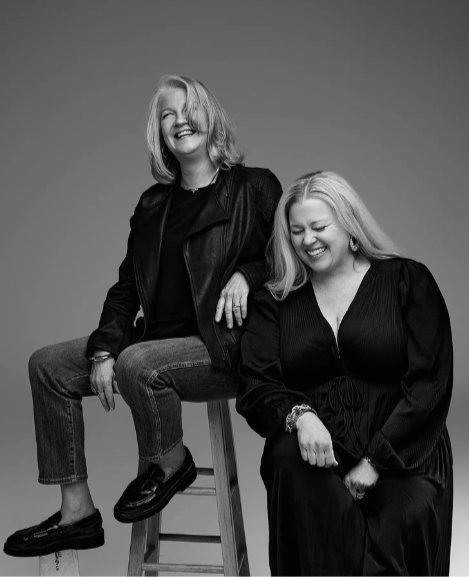 Black-and-white photograph of Thyme Sullivan and her co-founder and cousin Denielle Finkelstein